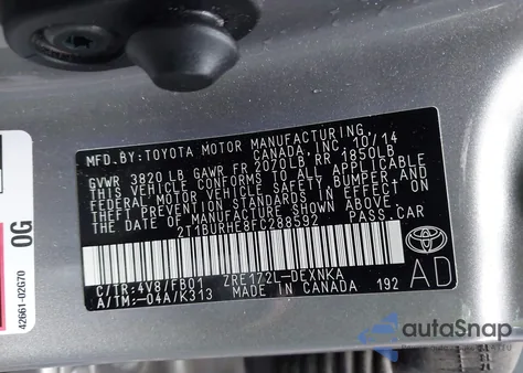 2015 Toyota Corolla Le из США, поврежденный, VIN 2T1BURHE8FC288592